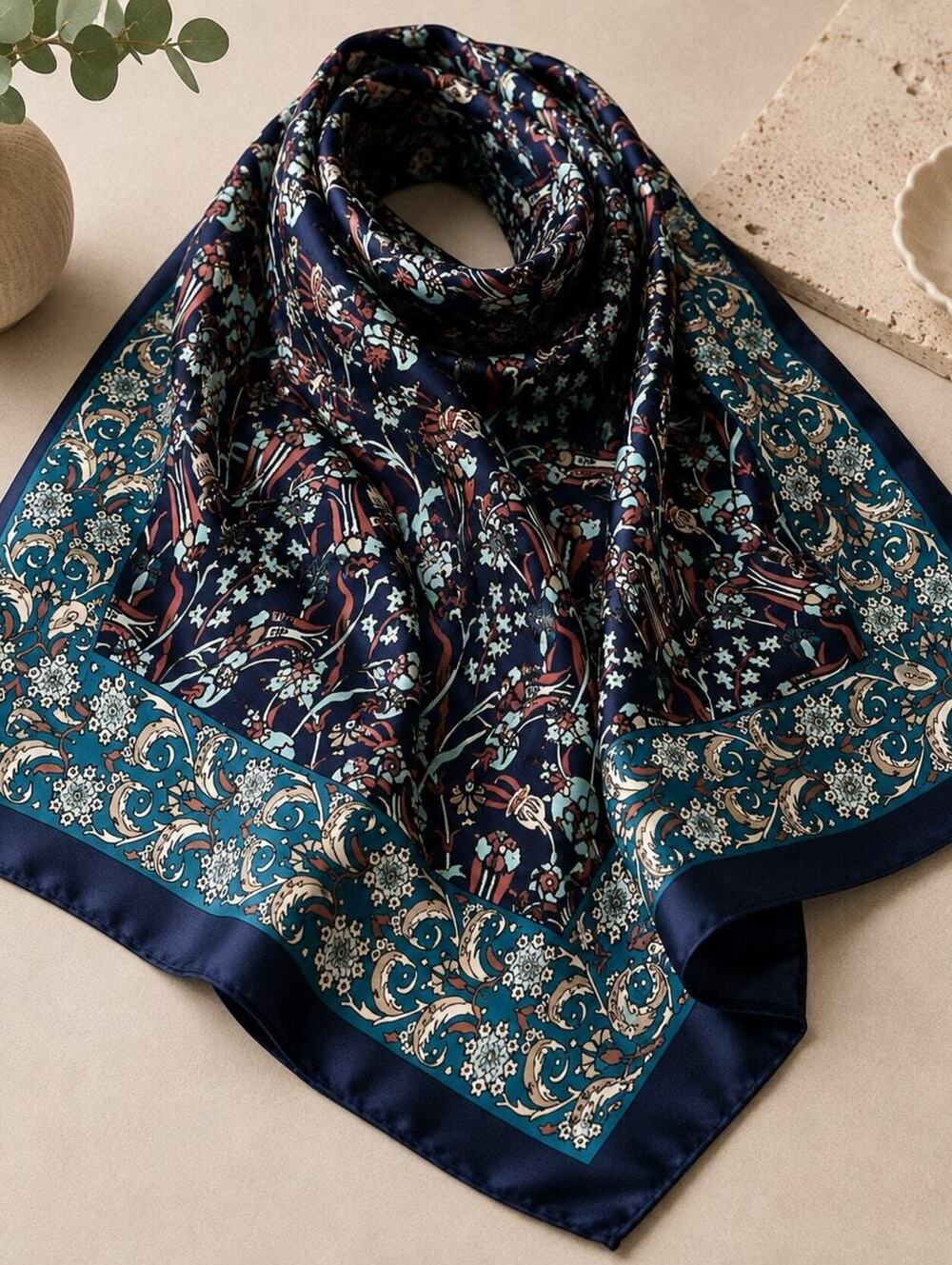 Sal Dunyasi Bursa Silk Scarf Made in Turkey Navy Blue Floral Ornate Square Scarf